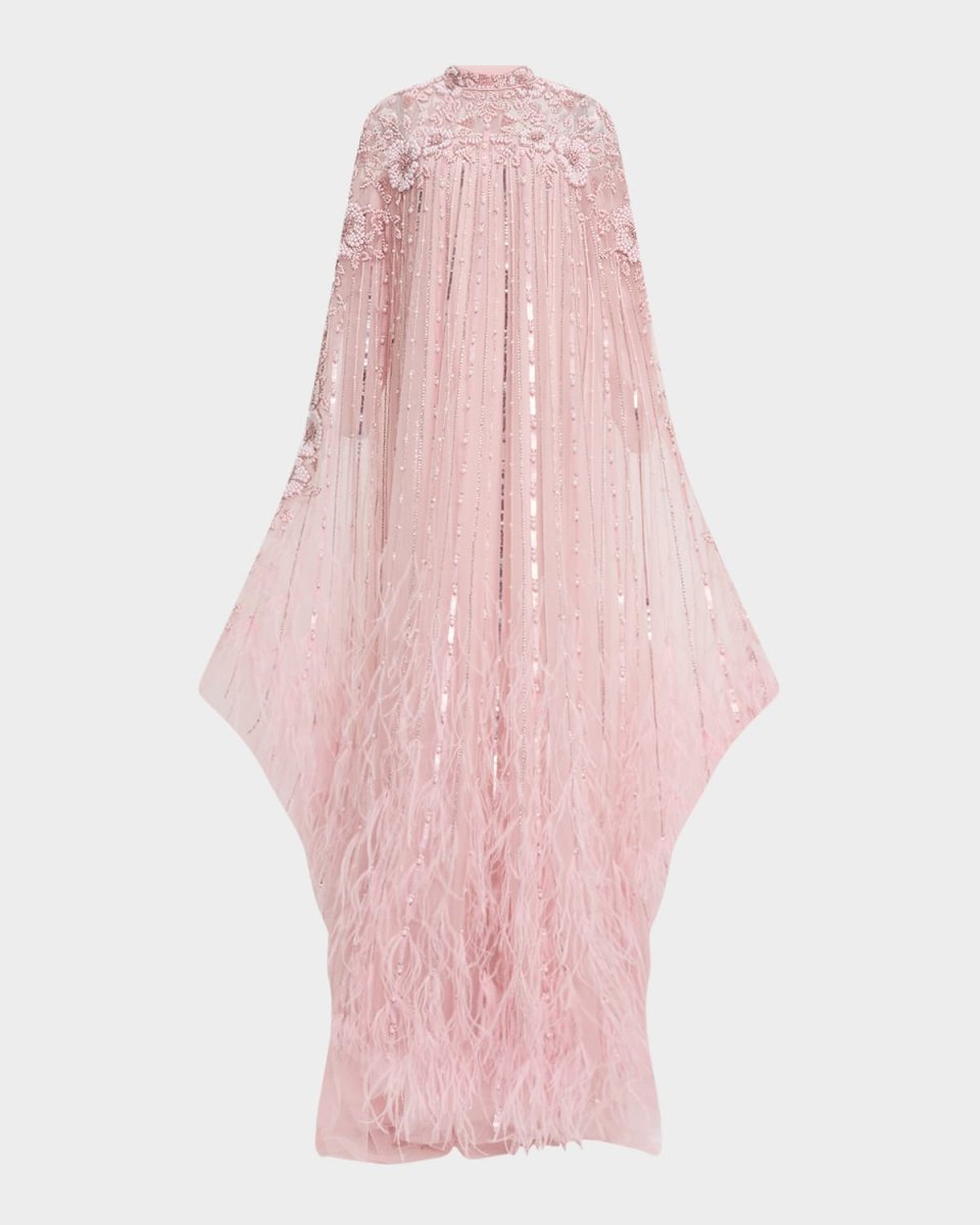 Bead Embroidered Feather Tulle Caftan Gown